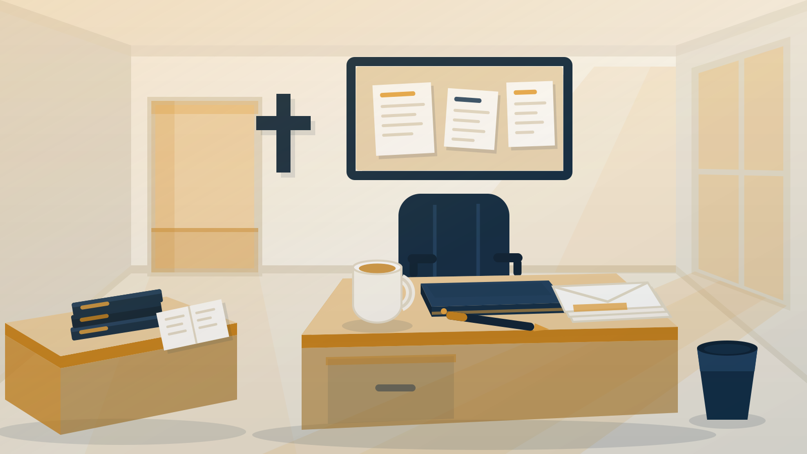 A church office at golden hour with a desk, closed laptop, offering envelopes and a notice board
