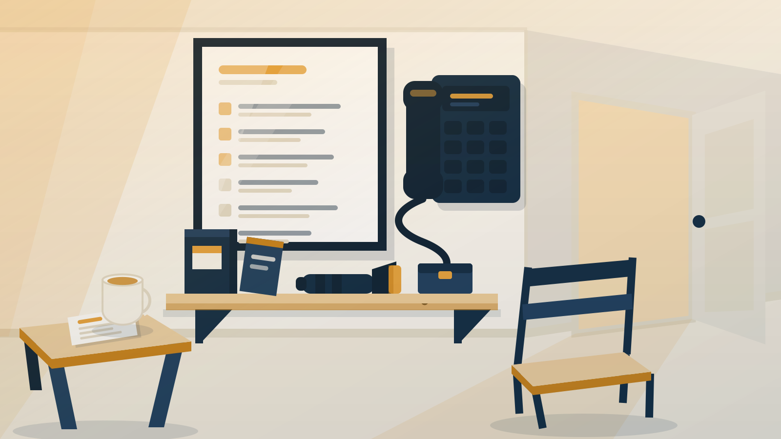 A printed one-page plan framed on a church office wall beside a corded telephone and a shelf of supplies