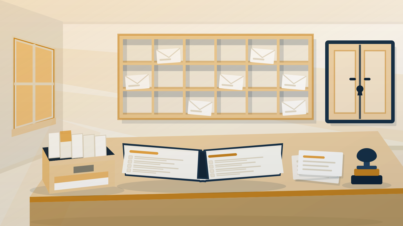 A church workroom with member mail pigeonholes, a locked records cupboard and an open directory on the counter
